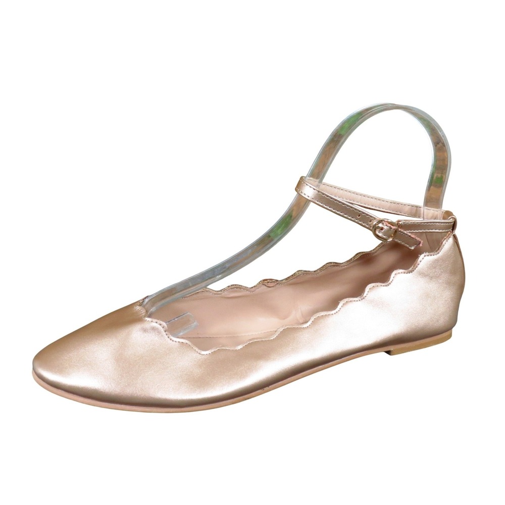London Rebel Scalloped Women Ballet Flat 9 Dressy Rose Gold Metallic Ankle Strap